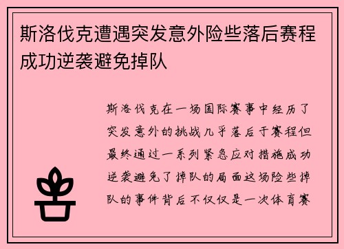 斯洛伐克遭遇突发意外险些落后赛程成功逆袭避免掉队