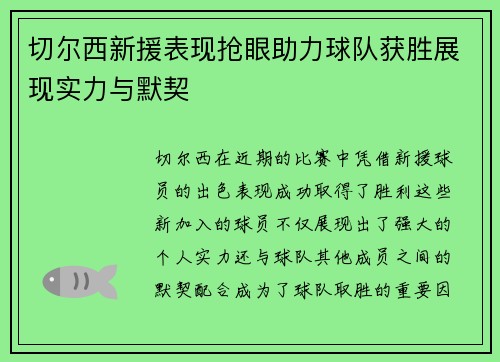 切尔西新援表现抢眼助力球队获胜展现实力与默契
