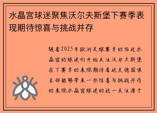 水晶宫球迷聚焦沃尔夫斯堡下赛季表现期待惊喜与挑战并存