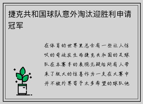 捷克共和国球队意外淘汰迎胜利申请冠军