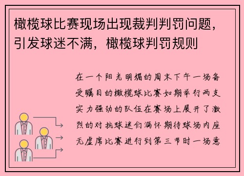 橄榄球比赛现场出现裁判判罚问题，引发球迷不满，橄榄球判罚规则